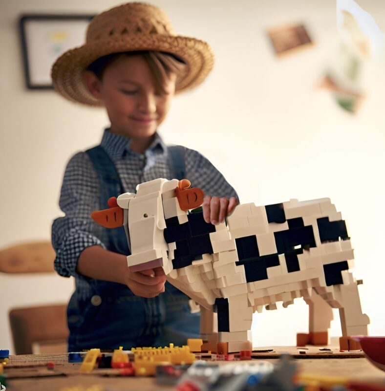 Jeune homme construit sa vache avec des modules de construction